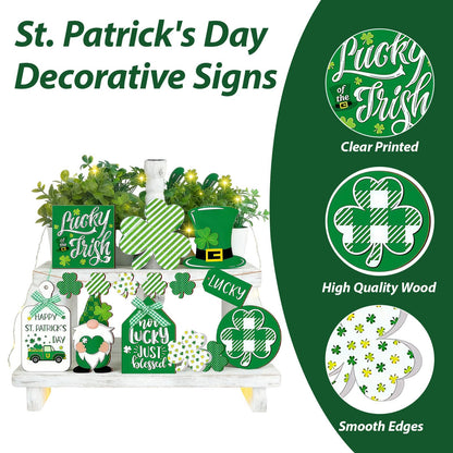 15PCS St. Patrick's Day Tray Decor Wooden Signs Table Centerpieces with Plush Gnome, Shamrock Pattern, Blessing Ornaments & 1 Mini String Light for St. Patrick's Day Party Tabletop Tray Decoration