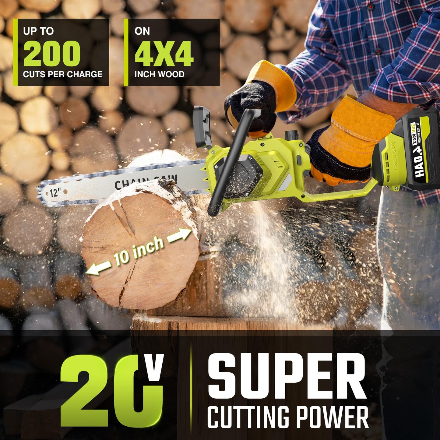 12 In Electric Chainsaw Cordless, 20V Battery Chain Saw with 2x4.0Ah Li-ion Batteries, 2 x Chains, with Tool-free Chain Tension, Auto Oiling for Wood Cutting, Tree Trimming and Branch Pruning