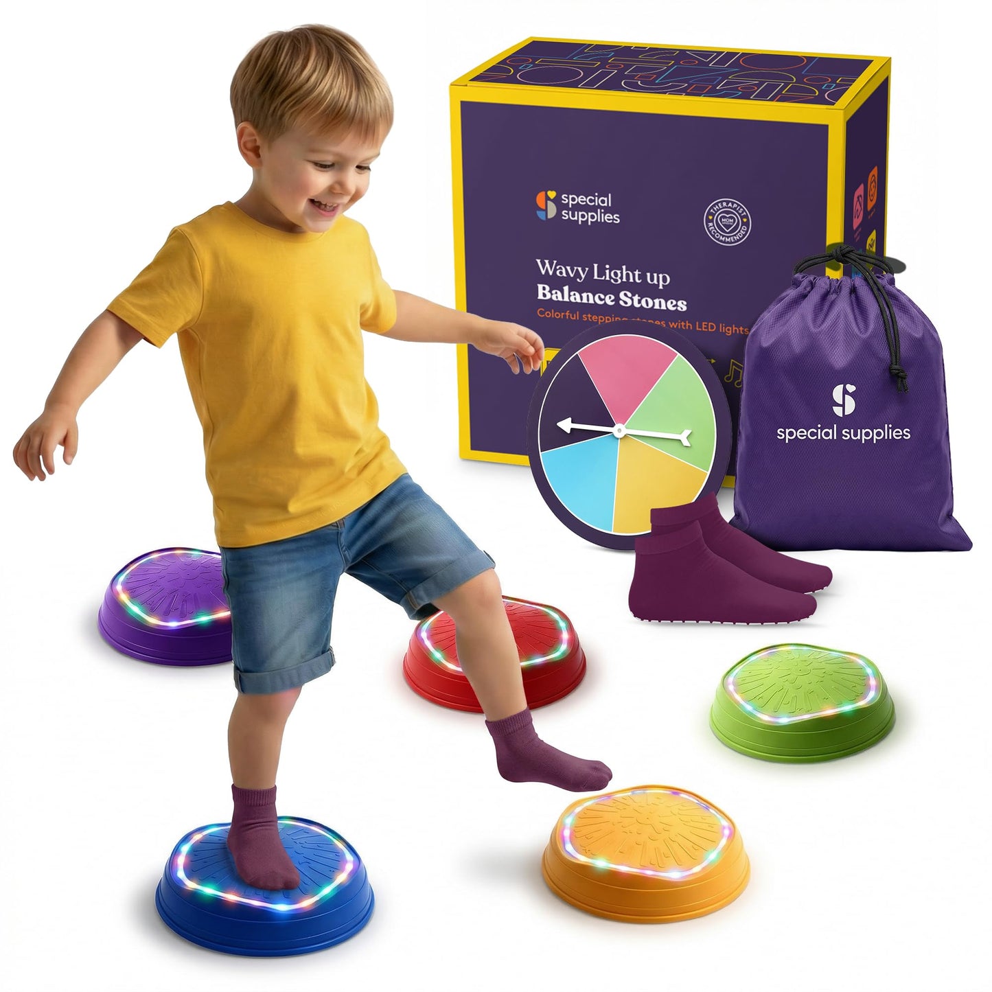 Special Supplies MUSICAL LED Stepping Stones for Kids -Light-Up Balance Blocks- Coordination & Balance for Toddlers & Children- Durable Non-Slip Rubber, Safe Indoor & Outdoor Play-Set of 5