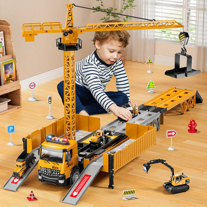 Carrier Truck Race Track Boy Toddlers Toys, Truck Toys for Toddlers 3-5 5-7, Toy Transport Car with Tower Crane Light & Sound, Excavators Cars Gifts for Age 3 4 5 6 7 Years Old Boys Girls