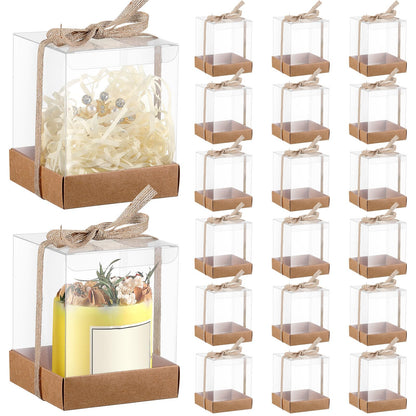 Cunno 24 Sets 3.5 x 3.5 x 4.3 in Candle Gift Package Valentine's Transparent Box 4-18 oz Handmade Tealight Candle Holder Paper Bottom Ribbon for Wedding Baby Shower Party Mug (Brown)