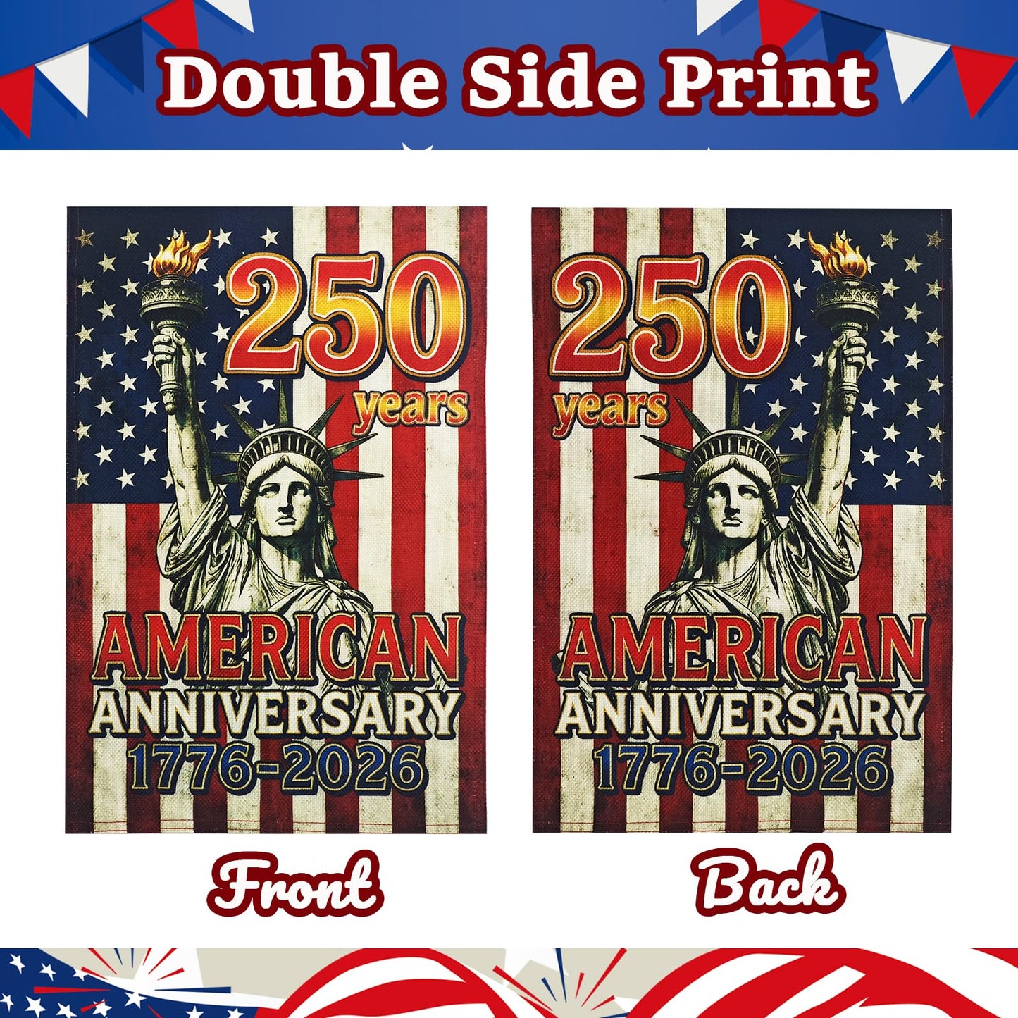FLAGMESAGE Lighted 250th Anniversary USA Garden Flag for Outside, Solar Led Double-sided Patriotic Banner with 1776-2026 250 Years of American Freedom Design for Independence Day, July 4th Decor (LED Statue of Liberty, 12 x 18 Inch)