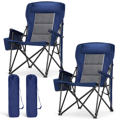 LET'S CAMP Oversized Camping Chairs 29.52" High Back Heavy Duty Lawn Chair Support 500LBS, Portable Collapsible Chair with Cup Holder, Side Pocket,2 Pack(Blue)