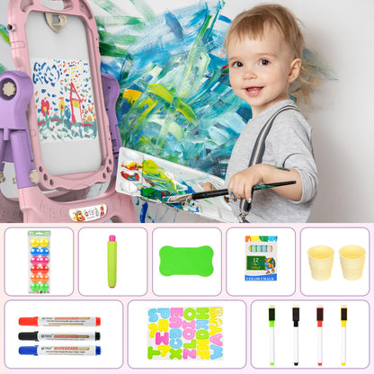 Kids Art Easel, Adjustable Drawing Whiteboard & Chalk Board, Double Sided Toddler Easel with Painting Accessories, Birthday Gift Toy for Little Girls Boy Age 2 3 4 5 (Pink)