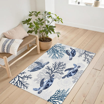 Wnoesat Summer Coastal Outdoor Door Mat 2x3 Nautical Coral Sea Turtle Entryway Area Rug Navy Blue Beach Theme Small Low Pile Front Doormat Washable Throw Rugs for Living Room Bedroom Kitchen