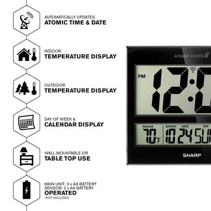 Sharp Atomic Clock – Never Needs Setting, Jumbo 3” Easy-Read Display, Indoor & Outdoor Temperature with Wireless Sensor, Large Digital Wall or Desk Clock, Battery Operated, Auto Atomic Time Sync