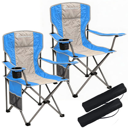DIAMONDFORGE High Back Camping Chair for Adult, Portable Folding Camp Chair, Outdoor Camping Chair with Wide Cup Holder, Side Pocket for Hiking Fishing Sports, Blue Grey (2 Pack)