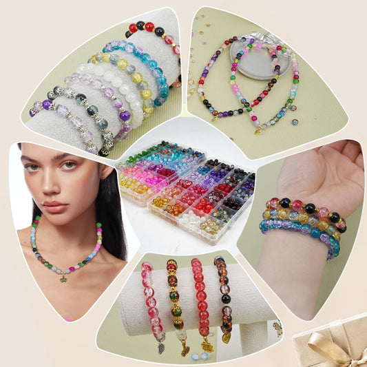 Hanyoung 8mm Glass Beads for Bracelet Making,48 Colors 1450 pcs Crackle Glass Beads for Jewelry Making kit with Charms for DIY Gift, Adult Beading Supplies for Handicraft Expert (Crackle Color)