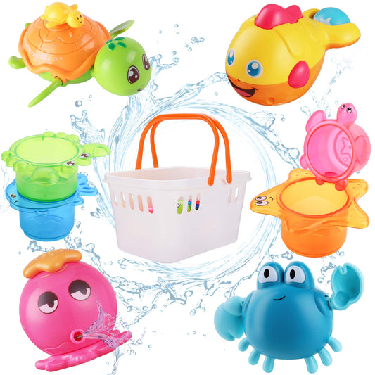 iPlay,iLearn Baby Bath Toys w/ Organizer, Infant Bathtub Shower Toy, Wind up Turtle, Water Squirt Octopus, Stacking Cup for Tub Pool, Birthday Gift 6 9 12 18 Month 1 2 3 Year Old Toddler Girl Boy Kid