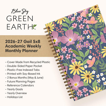 Blue Sky Sustainability 2026-2027 Weekly and Monthly Academic Year Planner Calendar, July 2026 - June 2027, 5" x 8", Flexible Cover From Recycled Plastic, Wirebound, Laminated Tabs, Storage Pocket, Gail