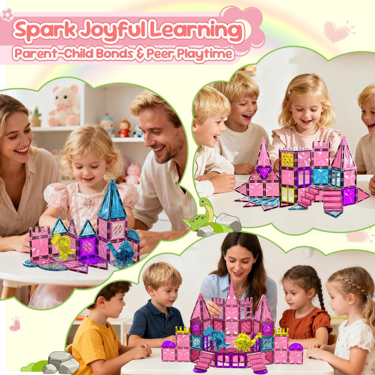 UREC 60PCS Dinosaur Toys Magnetic Tiles for Girls, Magnetic Building Blocks Sensory Dino Toy for Girl Ages 3-5 4-8 Year Old, Girl Toys Dinosaur Decorations Birthday Gifts for 3+ Years Old Kids Boys