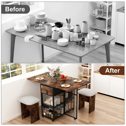 TQVAI Drop Leaf Folding Dining Table 4-6 People Large Heavy Duty Foldable Kitchen Tables with 2 Drawers 6 Wheels 2-Layer Storage Shelf for Small Space Dinging Room Patio Outdoor Camping, Black/Antique