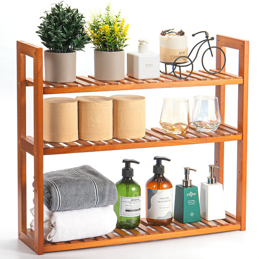 MEHL CLUB Wood Bathroom Shelf, 3-Tier Adjustable Shoes Rack&Plants Rack, Wall-Mounted or Stand for Living Room (Honey Oak)