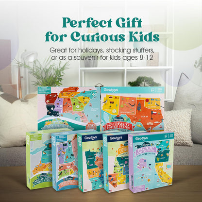 Geotoys USA Regional Jigsaw Puzzle Bundle - Set of 7 Jigsaw Puzzles for Kids Ages 8-12 - 250 Piece Puzzles for Kids Featuring New England, Midwest, Pacific & More – Regional US Map Puzzle with Flags