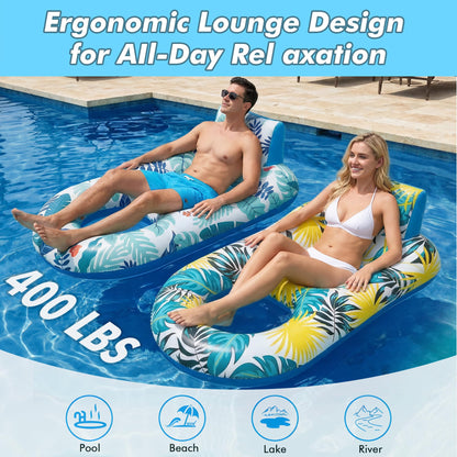 2 Pack Inflatable Heavy Duty Pool Floats Lounger, Giant Pool Floats Adult Size with Backrest & Footrest, Pool Rafts Floaties for Beach Lake Party - Multicolor