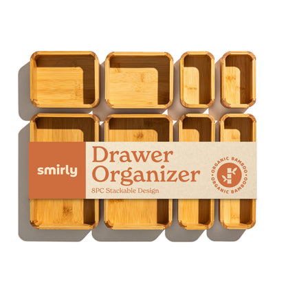 SMIRLY 8-Piece Bamboo Kitchen Drawer Organizer Set for Large and Small Utensils, Multi-use Storage Box - Bathroom, Nightstand, Jewelry, Cutlery, Knife, Spice, Towel, Junk Drawer Tray