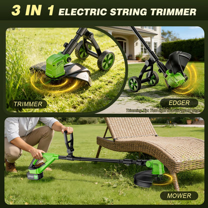 Amiluo 3 in 1 Cordless String Trimmer & Edger, 21V Battery Powered Weed Wacker with Wheels, 2 x 3.0Ah Batteries & 8 Spools, 14" Electric Weed Trimmer, Grass Trimmer for Garden, Lawn and Yard Care