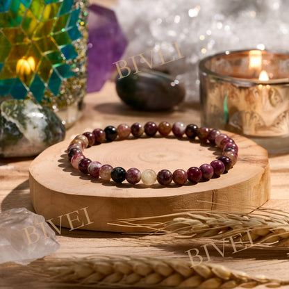 Bivei Rainbow Tournaline - Balance - 6mm Beaded Bracelets for Women Handmade Semi Precious Natural Stone Stretch Elastic Jewelry for Women Yoga Protection Gifts
