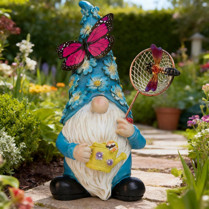 Foreby Garden Gnome Statues Outdoor Decor Solar Gnomes with Butterfly on LED Lighted Flowers, Resin Blue Gnomes Sculpture for Patio Yard Lawn Onament Decoration
