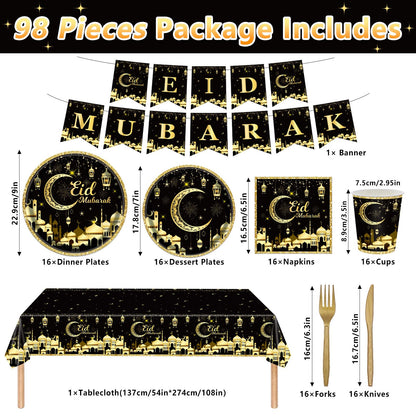 98PCS Eid Mubarak Party Supplies Black and Gold Ramadan Tableware Set Ramadan Mubarak Paper Plates and Napkins Eid Mubarak Party Decorations Eid Al-fitr Party Disposable Dinnerware Set for 16 Guests