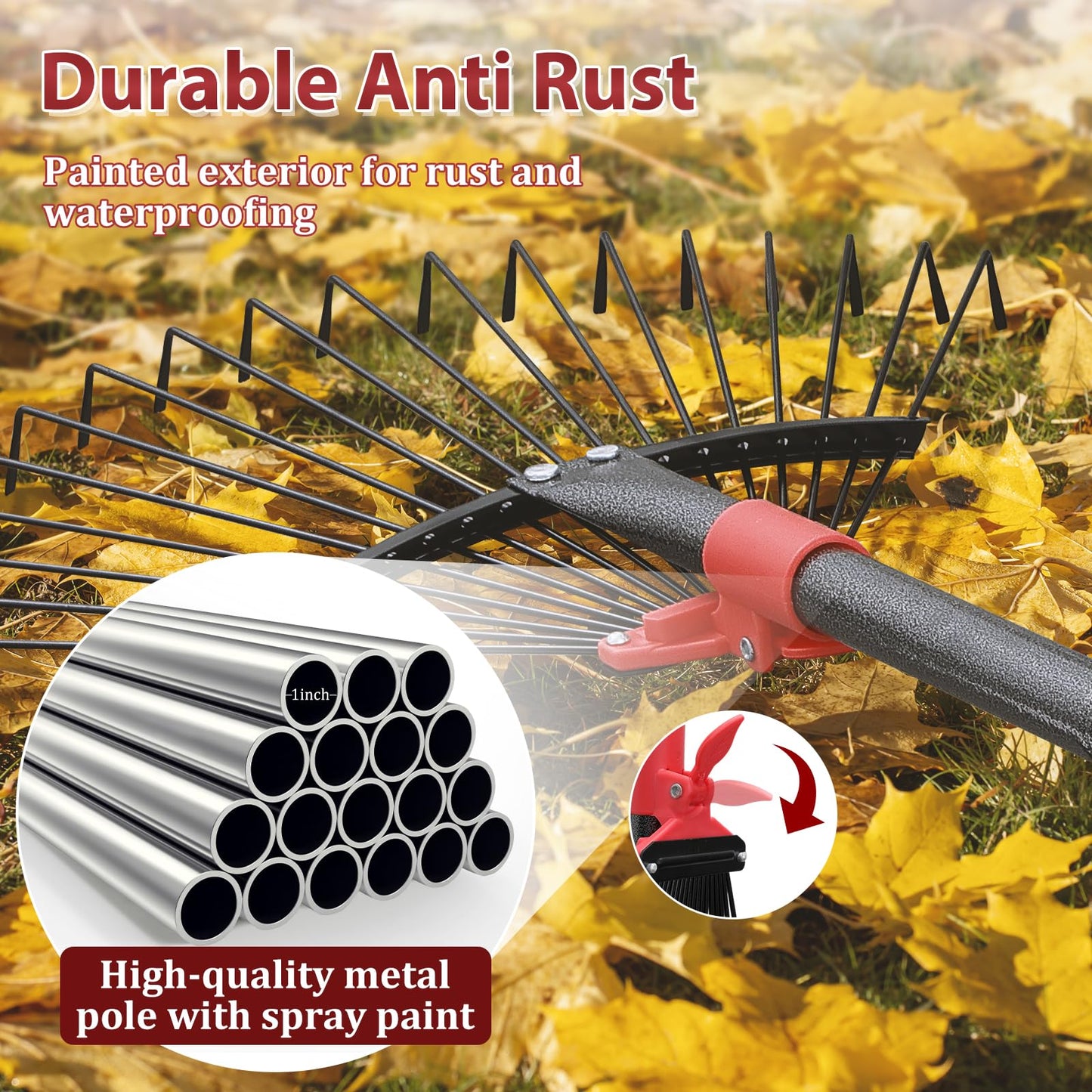 76Inch Adjustable Metal Leaf Rake, 18 Metal Tines Heavy Duty Leaves Rake for Lawns with 8-18" Expandable Head Long Handle Garden Rakes for Women Kids Leaves Yard Gardening Grass Outdoor Camping Debris