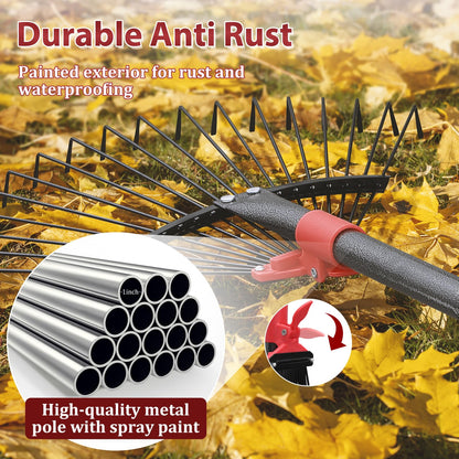 76Inch Adjustable Metal Leaf Rake, 18 Metal Tines Heavy Duty Leaves Rake for Lawns with 8-18" Expandable Head Long Handle Garden Rakes for Women Kids Leaves Yard Gardening Grass Outdoor Camping Debris