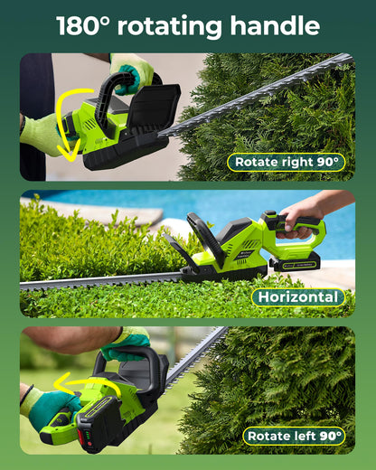 20'' Hedge Trimmer Cordless with Battery, 3000RPM Electric Handheld Bush Clipper with 2pcs 2000mAh Rechargeable Batteries, 180° Rotatable Head, 2/3'' Blade Gap Green, Gifts for Men Dad Father