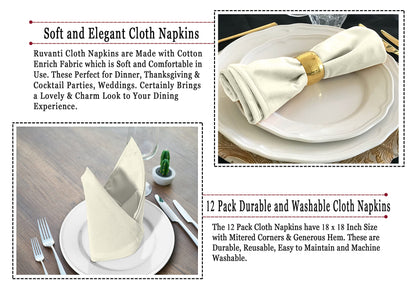 Ruvanti Cloth Napkins Set of 12, 18x18 Inches Napkins Cloth Washable, Soft, Durable, Absorbent, Cotton Blend. Table Dinner Napkins Cloth for Hotel, Lunch, Restaurants, Wedding Parties - Ivory/Cream