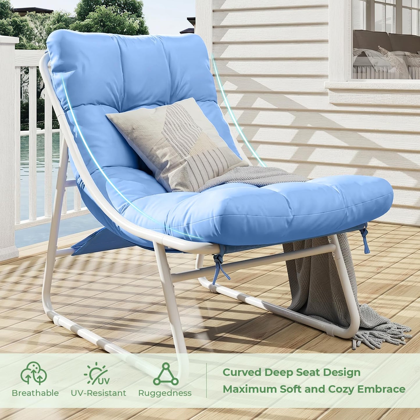 Jocoevol Patio Furniture Set, 4-Piece Outdoor Patio Conversation Set, 2-in-1 Metal Patio Sofa Sets with Cushions & Glass Coffee Tablefor Backyard, Garden, Porch, Poolside, White & Blue