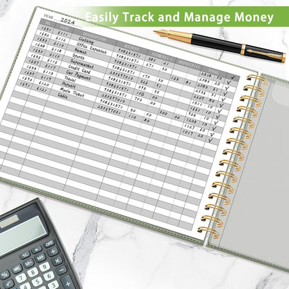HAUTOCO Hardcover Accounting Ledger Book for Small Business Bookkeeping Horizontal Money Expense Tracker Notebook with 2 Storage Pouch, Personal Columnar Log Journal 10.78 x 8'', Olive Green