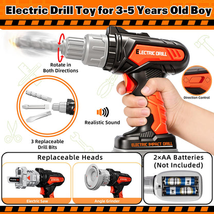 50PCS Kids Tool Set for Boys Ages 3 4 5 6 Years Old - Pretend Play Construction Tool Kits with Portable Tool Bag & Electronic Toy Drill, Toddler Tool Set, Christmas & Birthday Gifts for Boys