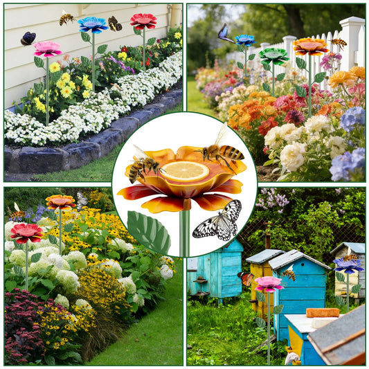 6 Pack Bee Watering Station, Metal Bee Bath, Butterfly Feeder with Flower Design, Colorful Butterfly Bath for Outdoor Garden Yard Patio Decor