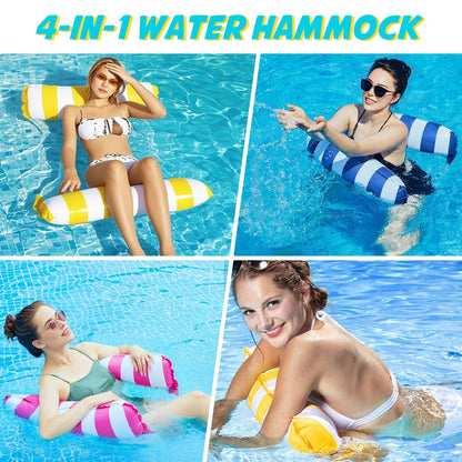 Inflatable Pool Float Hammock for Adults – 4-in-1 Floating Water Lounger with Headrest & Footrest – Portable Mesh Floatie for Pool, Beach, Lake – Blue & White Striped Water Hammock Chair