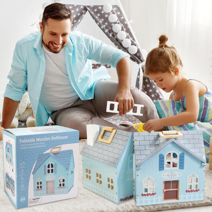 WOODMAM Foldable Wooden Dollhouse with 2 Dolls & Pet Set, 20PCS Furniture Wooden Doll House for Girls Age 3-6, Portable Pretend Play Toy, Christmas Birthday Gift for Toddlers