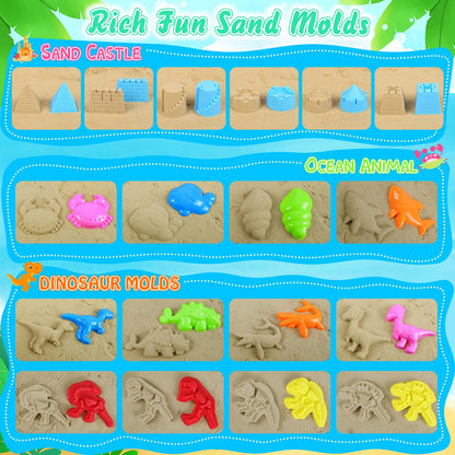 Beach Toys, 36Pcs Dinosaur Sand Toys for Kids Toddlers, Sandbox Toys with 2 Truck, Collapsible Beach Bucket, Mesh Bag, Sand Molds, Sand Castle Building Kit, Travel Beach Toy for Kids Toddlers Ages3-12
