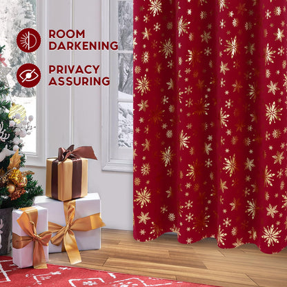 FRAMICS Christmas Curtains for Living Room and Bedroom - Gold Snowflake Foil Print, Blackout, Red, 84 Inch Length, 2 Panels Set, Grommet Window Curtains for Winter