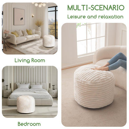 HIGOGOGO Round Stuffed Pouf Ottoman, Stripe Faux Fur Poufs with Foam Chunk Filling, Furry and Fluffy Pouf Foot Stool Storage Ottoman, 20 X 15 Floor Poufs Foot Rest for Living Room, Beige
