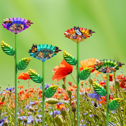 Kepmix 4 Pack Bee Watering Station: Garden Metal Bee Water Feeder with Flower Design Colorful Butterfly Bath Bowl Bee Drinking Cups for Garden Yard Decor (Purple,Green,Blue,Yellow)