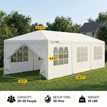 HOTEEL 10x30 FT Party Tent Outdoor Canopy Tents for Parties with 8 Removable Sidewalls, Carpas para Fiestas Waterproof for Gazebo Large Backyard Shelter Patio White Wedding Event Tent BBQ