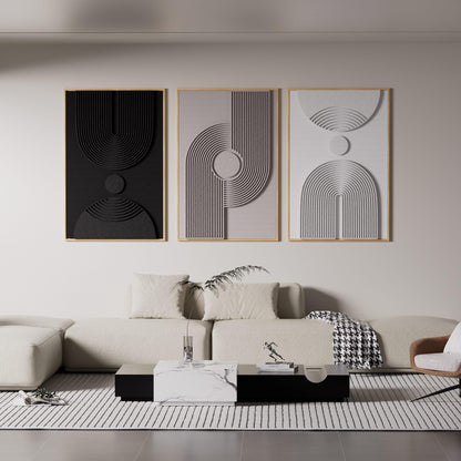 Framed 3D Textured Boho Neutral Abstract Wall Art for Living Room, 3 Piece Mid Century Modern Artwork for Walls, Creamy White Brown Relief Sculptures for Bedroom Hallway Wall Decor 20x30 In