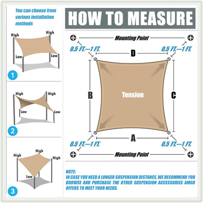 Amgo 16' x 16' Beige Rectangle Square Sun Shade Sail Canopy Awning Fabric Mesh AGSLR, 95% UV Blockage, Water & Air Permeable, 200GSM Heavy Duty Commercial and Residential (We Make Custom Sizes)