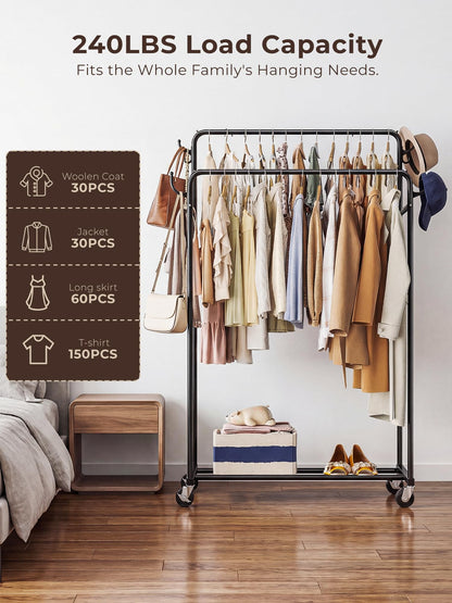HogHow Clothes Rack, Rolling Clothing Rack with Double Rods for Hanging Clothes, Portable Garment Rack with Wheels, Metal Wardrobe Closet Organizer for Bedroom and Laundry Room