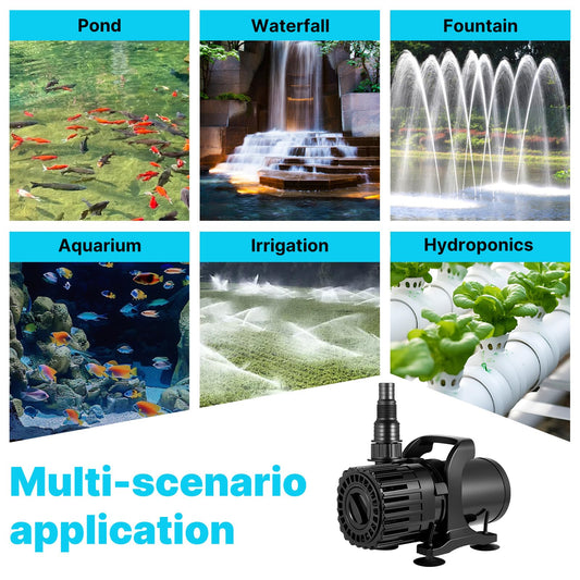 Hurmovae 600GPH-1800GPH Adjustable Flow Pond Pump, for Waterfall &Water Garden, 13FT Lift, 100W Submersible Water Pump, 180° Adjustable Outlet, Filter Bag & 20FT Cord, Quiet Fountain Pump, UL Listed