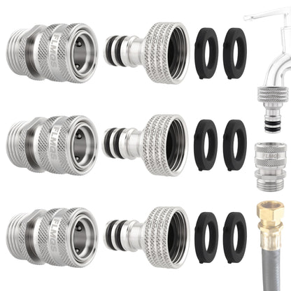 FLMQS Garden Hose Quick Connector - 3/4" GHT Solid Stainless Steel Water Hose Quick Connect, Leak-Proof Male & Female Fittings(3 Set)