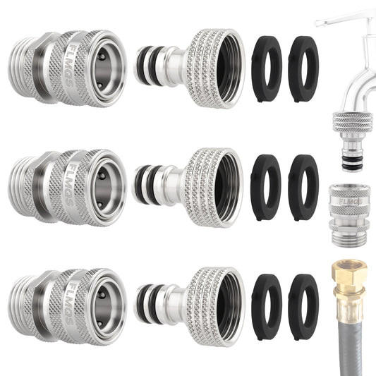 FLMQS Garden Hose Quick Connector - 3/4" GHT Solid Stainless Steel Water Hose Quick Connect, Leak-Proof Male & Female Fittings(3 Set)