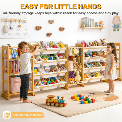 Yazzropt 114" Large Toy Storage Organizer with Bins Shelves & Stuffed Animal Storage for Kids Wood Toddler Playroom Organization with Bookshelf Toys Box Wooden Organizers for Kids Room Nursery Bedroom