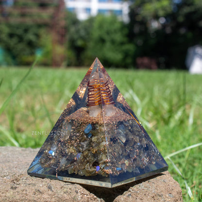Labradorite Orgone Pyramid for Confidence & Self-Empowerment | Orgonite pyramids with Copper Coil and Crystal Quartz for Chakra Protection
