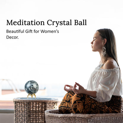 Crocon 50mm Larvikite Stone Sphere Ball with Metal Stand 1400+ Carats Gemstone Ball Healing Sphere Sculpture Figurine for Fengshui Divination Home Decoration Photography Crystal Sphere
