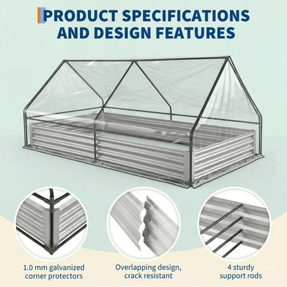 IDEALHOUSE Raised Garden Bed with Greenhouse Cover, 6x3x1 ft Outdoor Galvanized Metal Planter Box with Dual Zippered Screen Windows, Mini Clear Top Greenhouse for Vegetables, Flowers & Herbs