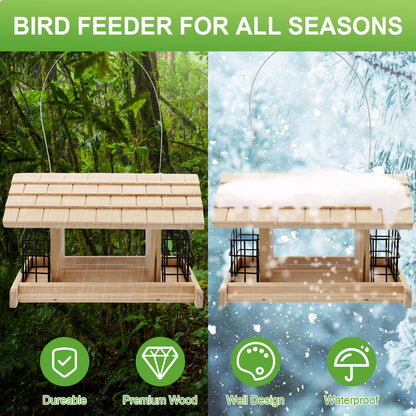 Liawm Wooden Bird Feeder for Outdoors Hanging Mount Large Capacity, Pine Garden Roof Feeder with 2 Suet Cages, Cardinal Bluebird Birdfeeder for Garden Decoration Yard, Weatherproof Durable